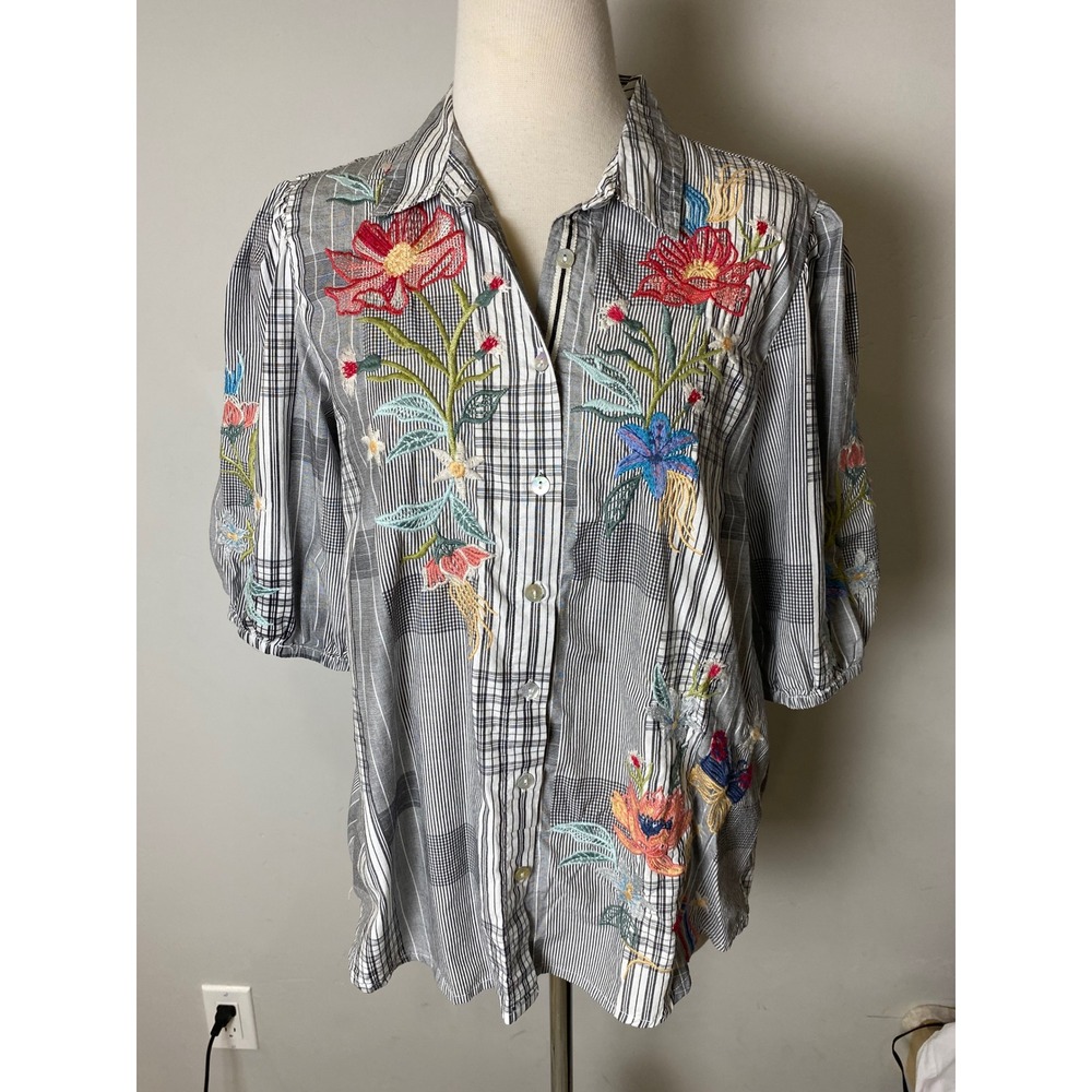 Johnny Was Gray Striped Button Down Shirt with Multicolor Floral Embroidery